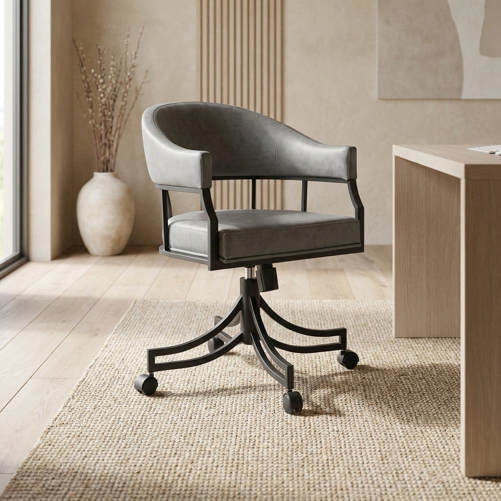 Faux Leather Upholstered Swivel Rolling Dining Chair with Arms, Vintage Gray