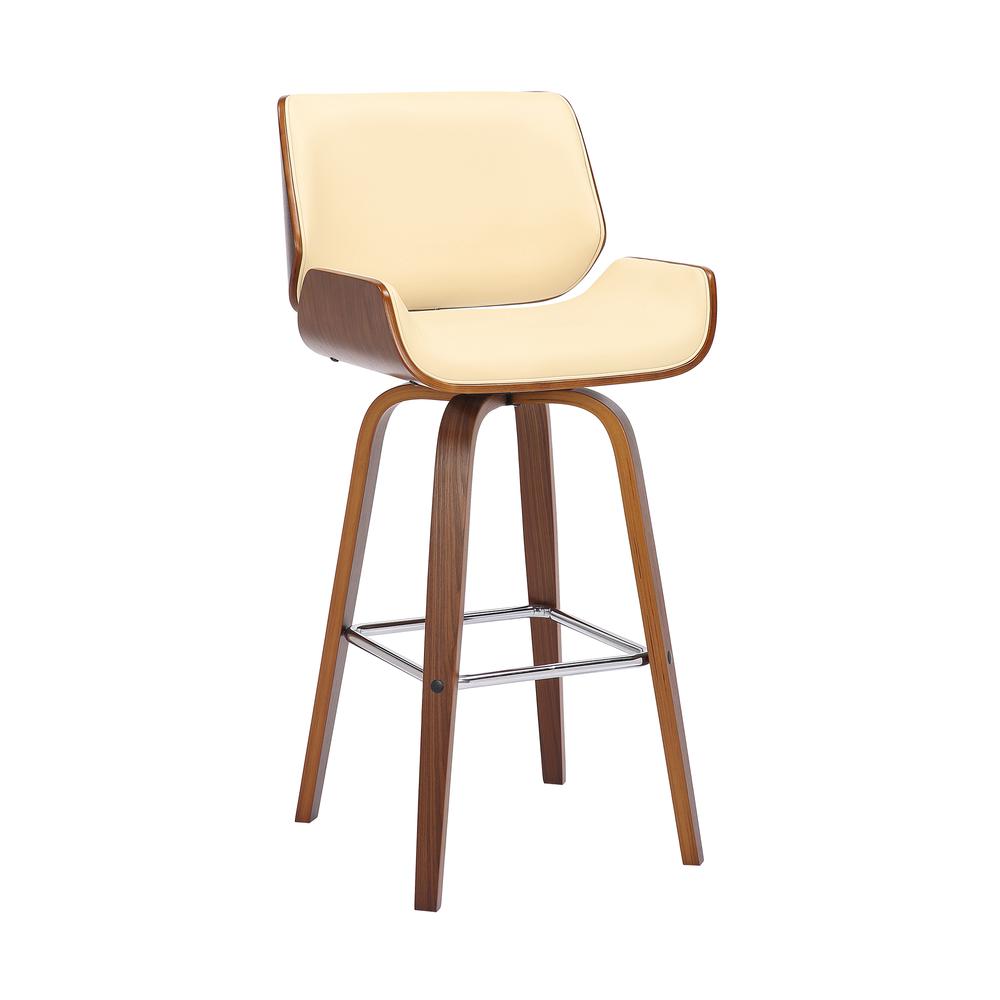 Swivel Bar Stool with Cream Faux Leather and Walnut Wood Finish
