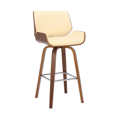 Swivel Bar Stool with Cream Faux Leather and Walnut Wood Finish