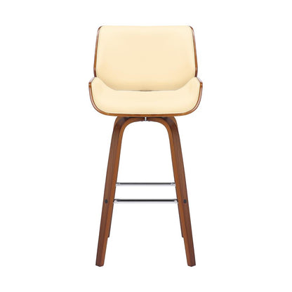 Swivel Bar Stool with Cream Faux Leather and Walnut Wood Finish