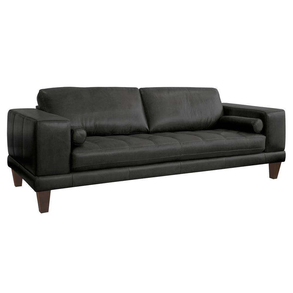 Armen Living Wynne Contemporary Sofa in Genuine Black Leather with Brown Wood Legs