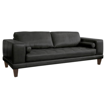 Armen Living Wynne Contemporary Sofa in Genuine Black Leather with Brown Wood Legs