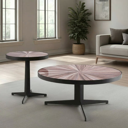 Mid-Century Round Maroon Coffee Table Set with Tempered Glass Top - Set of 2