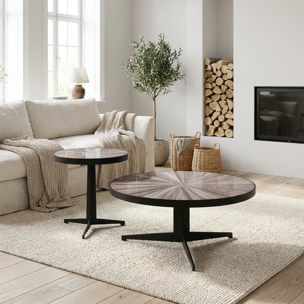 Round Maroon Coffee Table Set with Tempered Glass Top 2-Piece Metal Tripod Legs