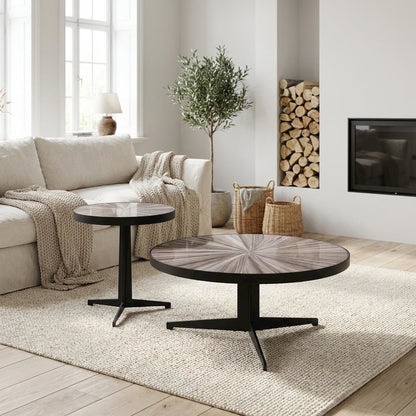 Round Maroon Coffee Table Set with Tempered Glass Top 2-Piece Metal Tripod Legs