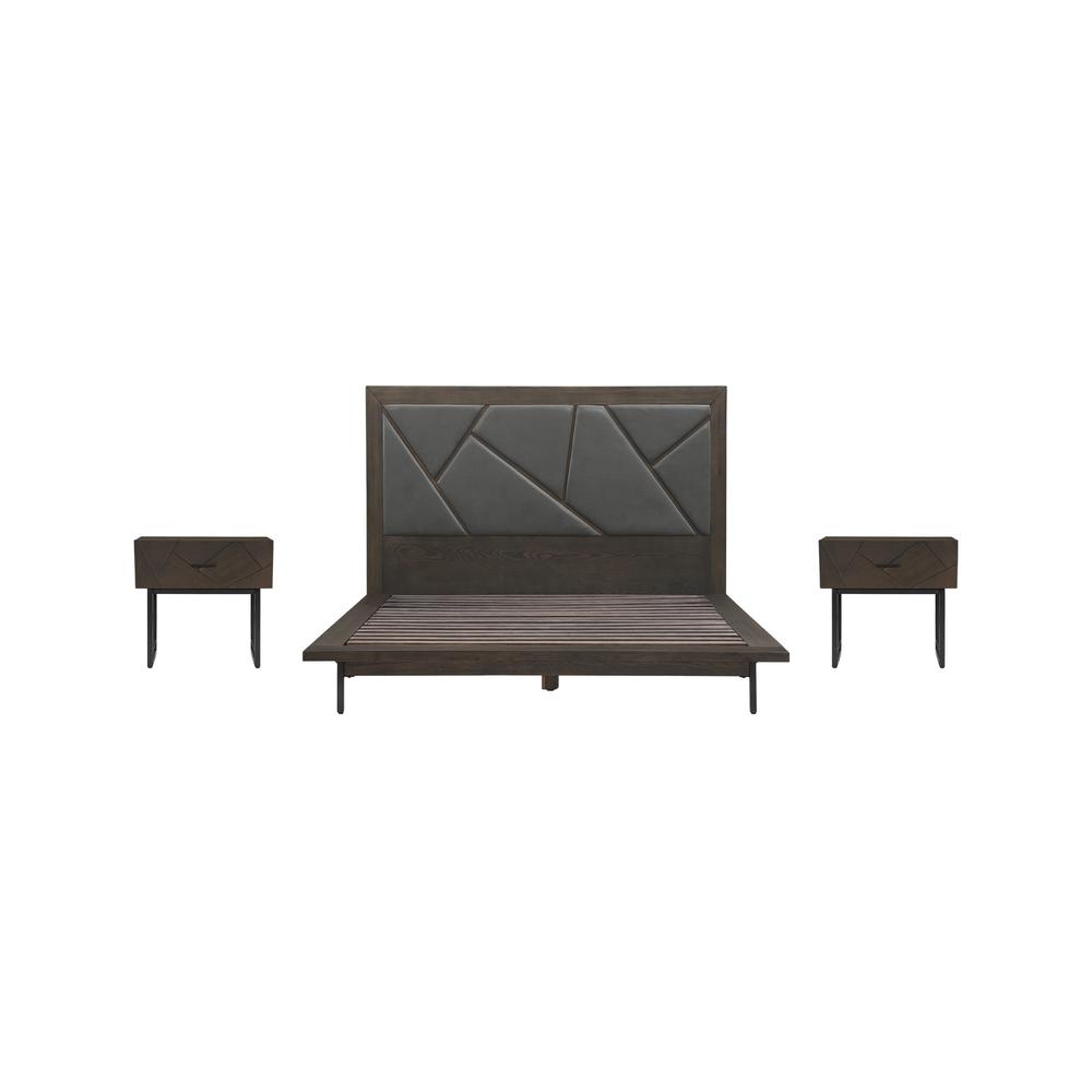 Marquis 3 Piece Queen Size Platform Bed Frame Bedroom Set in Oak Wood with Faux Leather Headboard 3pc Bedroom Set