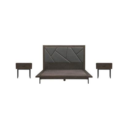 Marquis 3 Piece Queen Size Platform Bed Frame Bedroom Set in Oak Wood with Faux Leather Headboard 3pc Bedroom Set