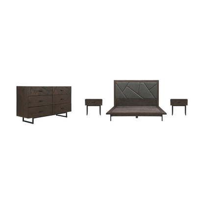 Marquis 4 Piece Queen Size Platform Bed Frame Bedroom Set in Oak Wood with Faux Leather Headboard 4pc Bedroom Set