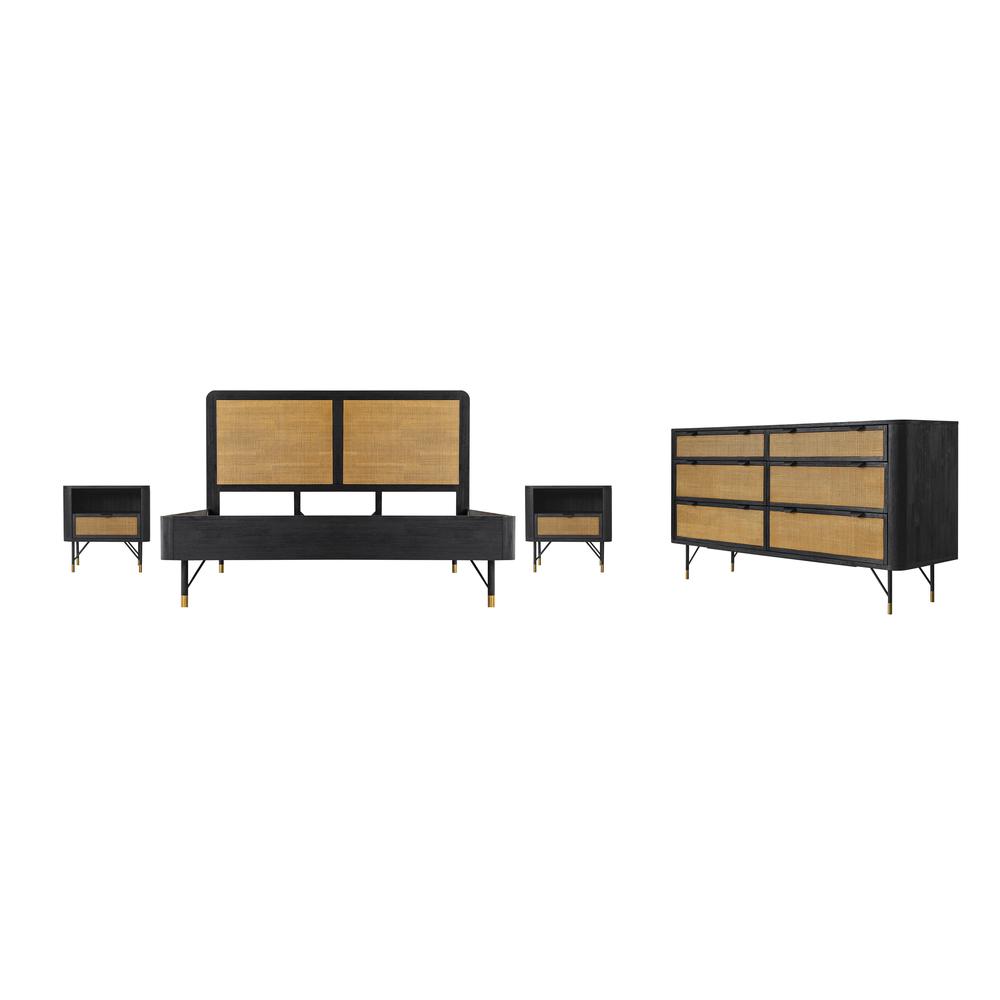 Saratoga 4 Piece King Bedroom Set in Black Acacia Wood and Rattan