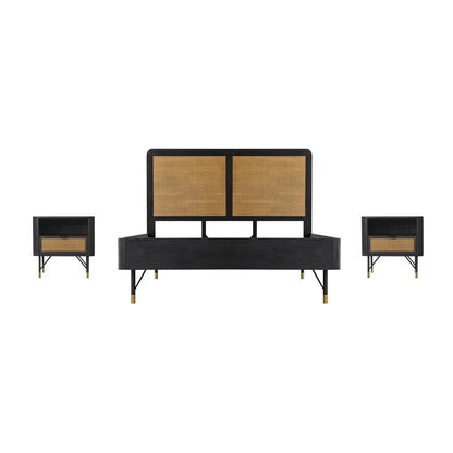Saratoga 3 Piece Queen Bedroom Set in Black Acacia Wood and Rattan