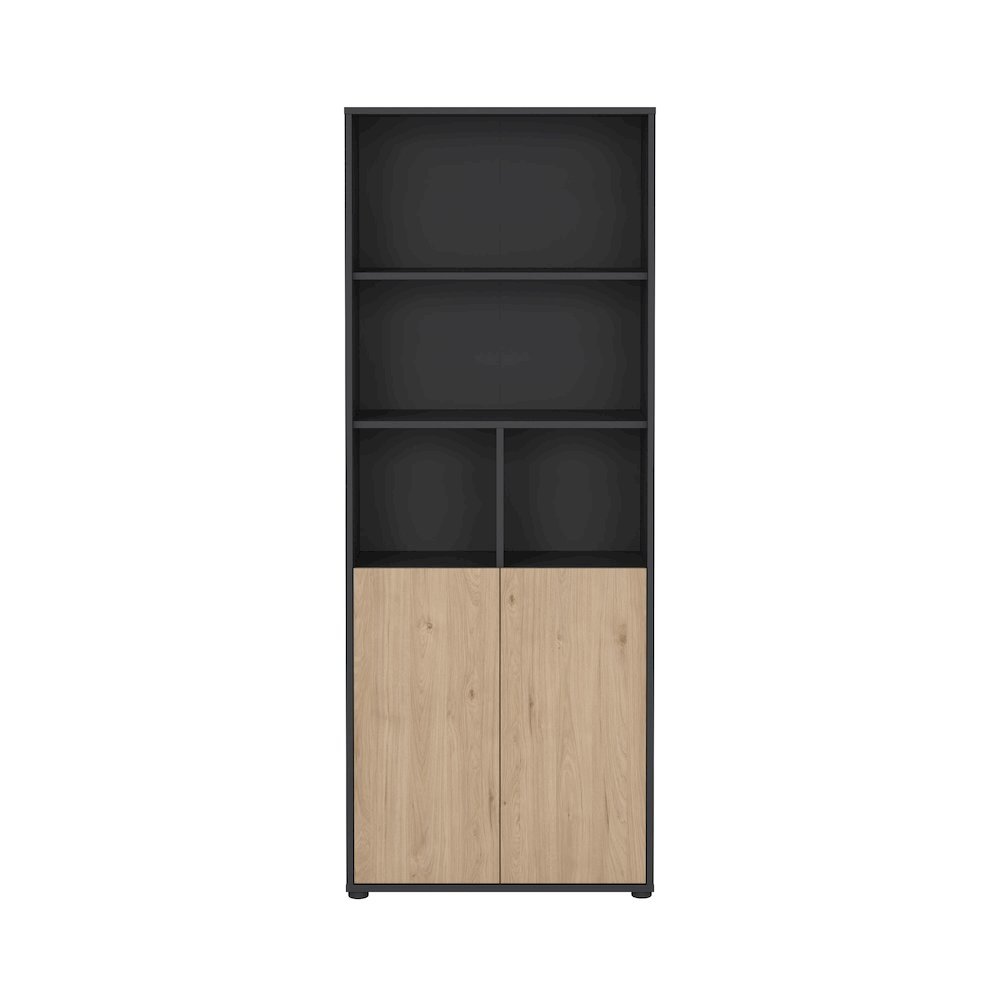 Gray 6-Shelf Bookshelf with 2 Doors for Office, Bedroom, or Living Room