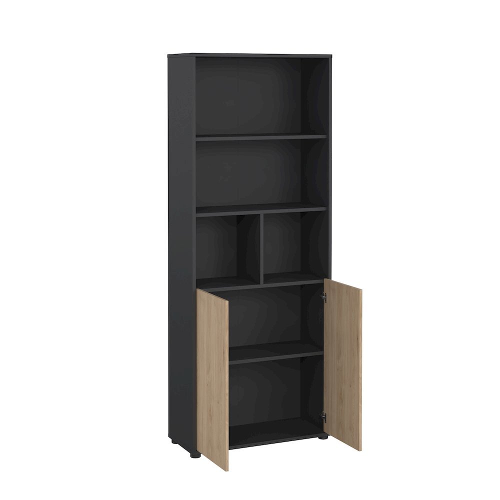 Gray 6-Shelf Bookshelf with 2 Doors for Office, Bedroom, or Living Room