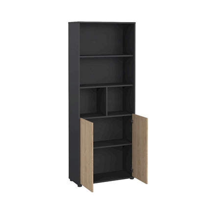 Gray 6-Shelf Bookshelf with 2 Doors for Office, Bedroom, or Living Room