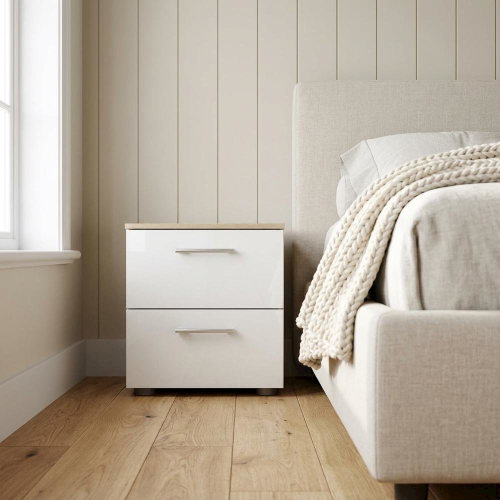 White High Gloss Oak Nightstand with Two Drawers and Timeless Design