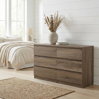 Elegant Truffle Oak Double Dresser with Six Spacious Drawers for Storage