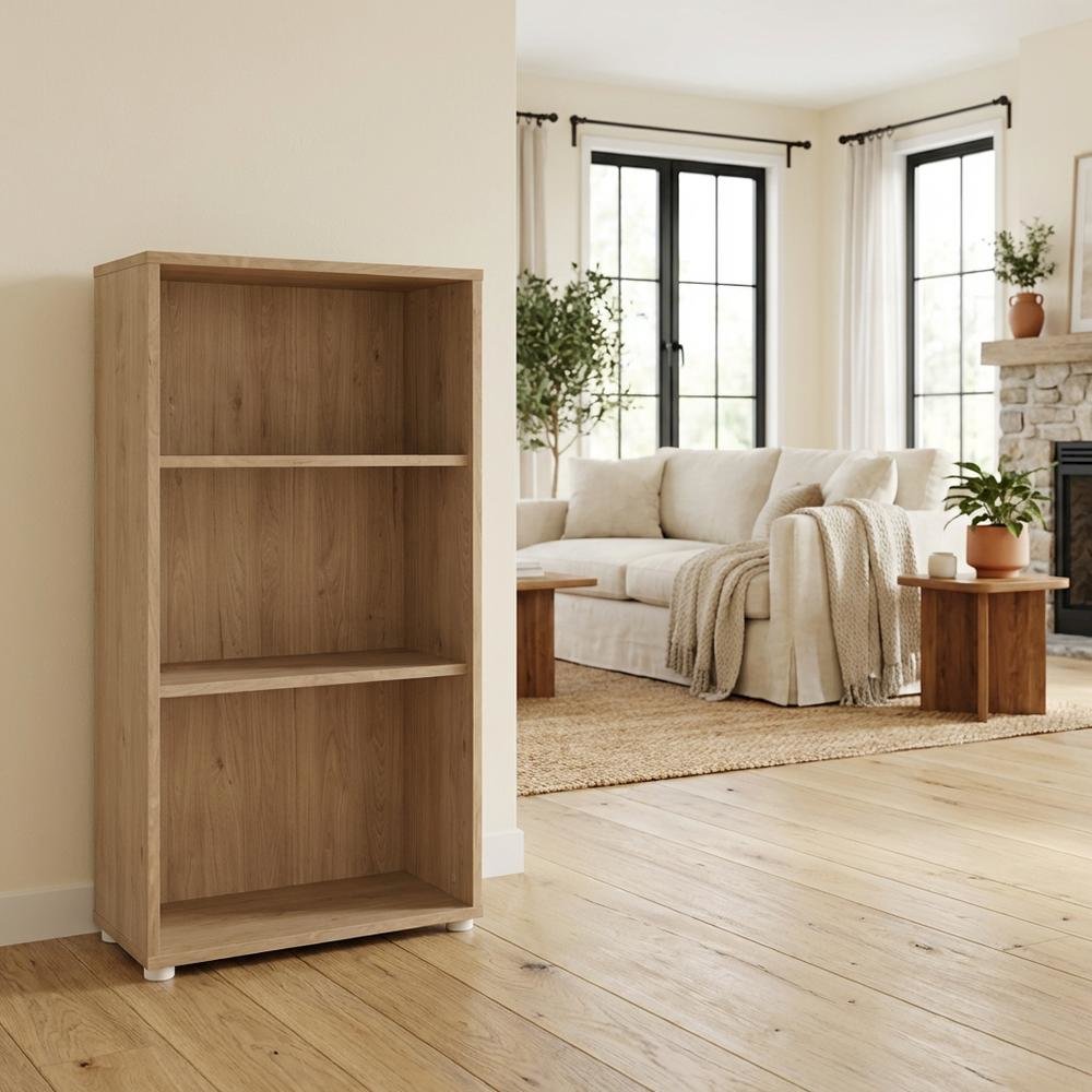 Adjustable 3 Shelf Bookcase with Open Storage and Levelers in Hickory