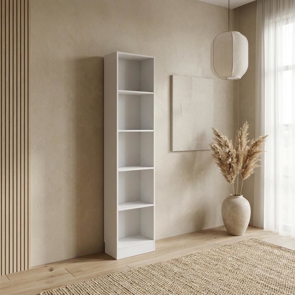 White Tall 5 Shelf Bookcase - Stylish Narrow Bookshelf for Home or Office