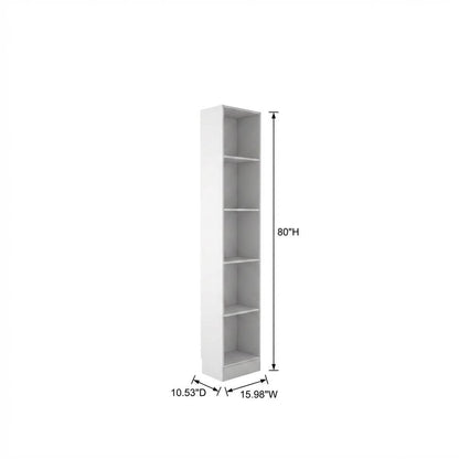 White Tall 5 Shelf Bookcase - Stylish Narrow Bookshelf for Home or Office