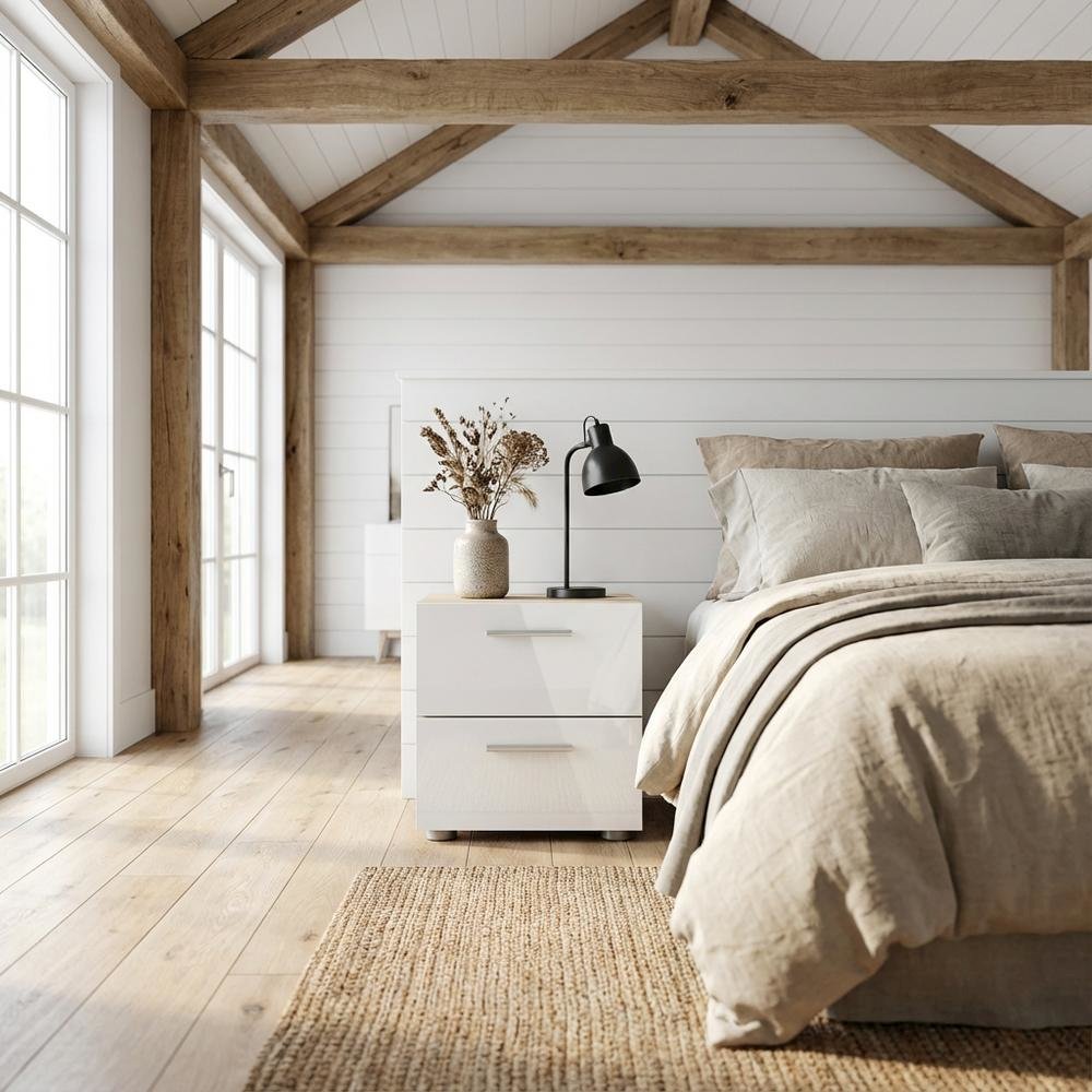 White High Gloss Oak Nightstand with Two Drawers and Timeless Design