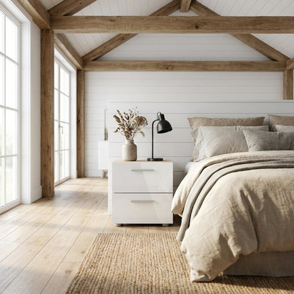 White High Gloss Oak Nightstand with Two Drawers and Timeless Design