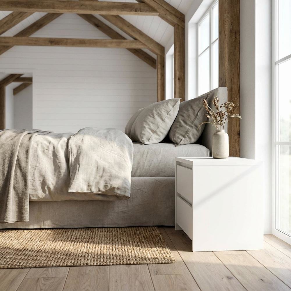 White 17-Inch Tall Nightstand with 2-Drawer Storage and Metal Runners