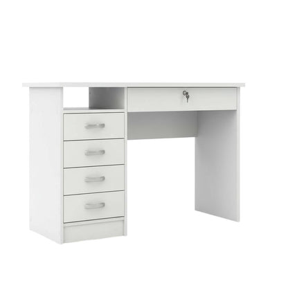 Elegant White Computer Desk Featuring Five Drawers and Open Shelf Design
