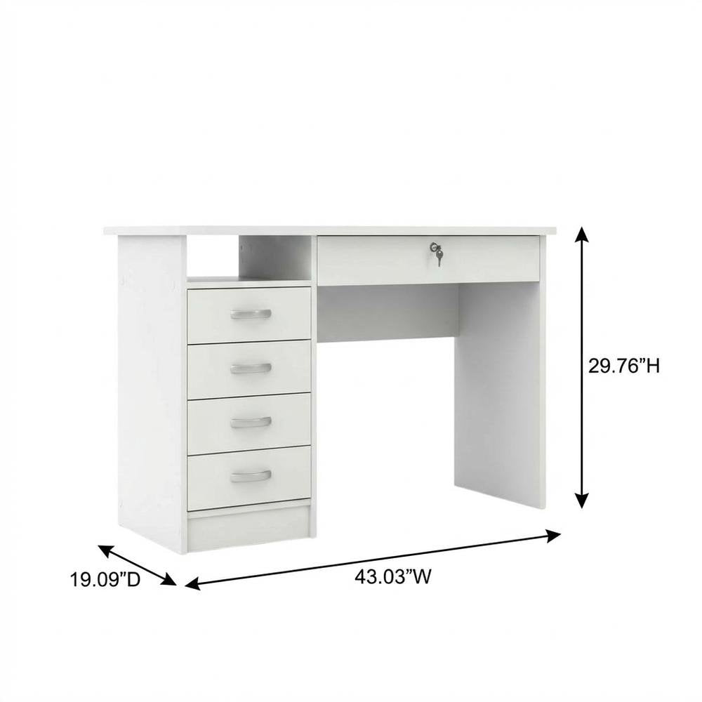 Elegant White Computer Desk Featuring Five Drawers and Open Shelf Design