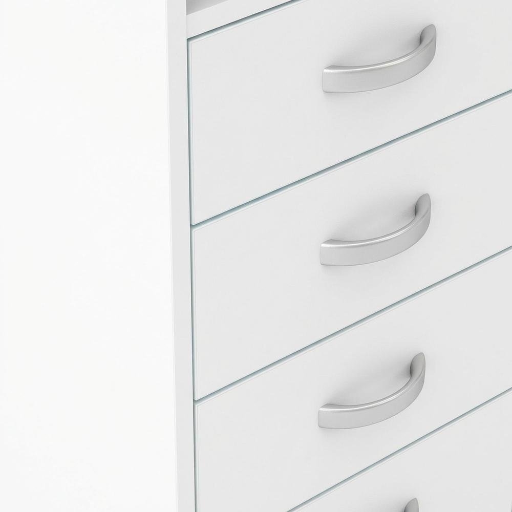 Elegant White Computer Desk Featuring Five Drawers and Open Shelf Design