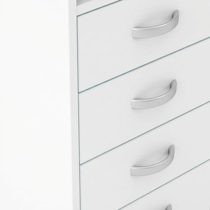 Elegant White Computer Desk Featuring Five Drawers and Open Shelf Design