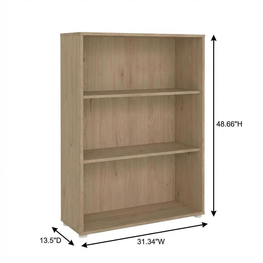 Adjustable 3 Shelf Bookcase with Open Storage and Levelers in Hickory