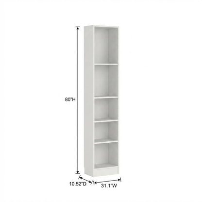 White Tall Wide 5 Shelf Bookcase with Adjustable Shelves and Metal Pulls