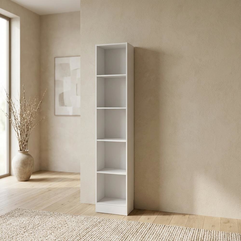 White Tall 5 Shelf Bookcase - Stylish Narrow Bookshelf for Home or Office