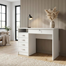 Elegant White Computer Desk Featuring Five Drawers and Open Shelf Design