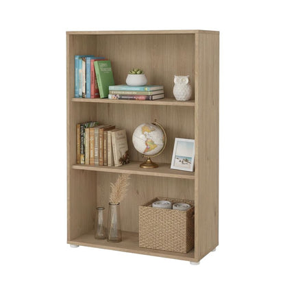 Adjustable 3 Shelf Bookcase with Open Storage and Levelers in Hickory