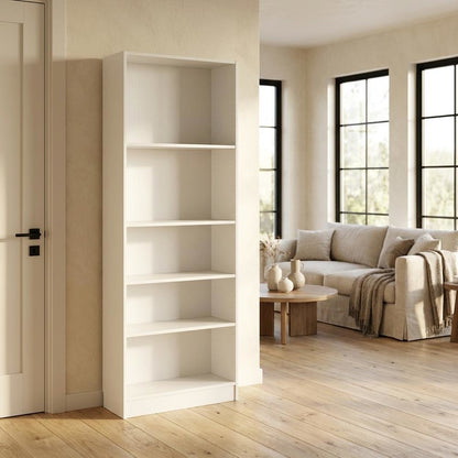 White Tall Wide 5 Shelf Bookcase with Adjustable Shelves and Metal Pulls