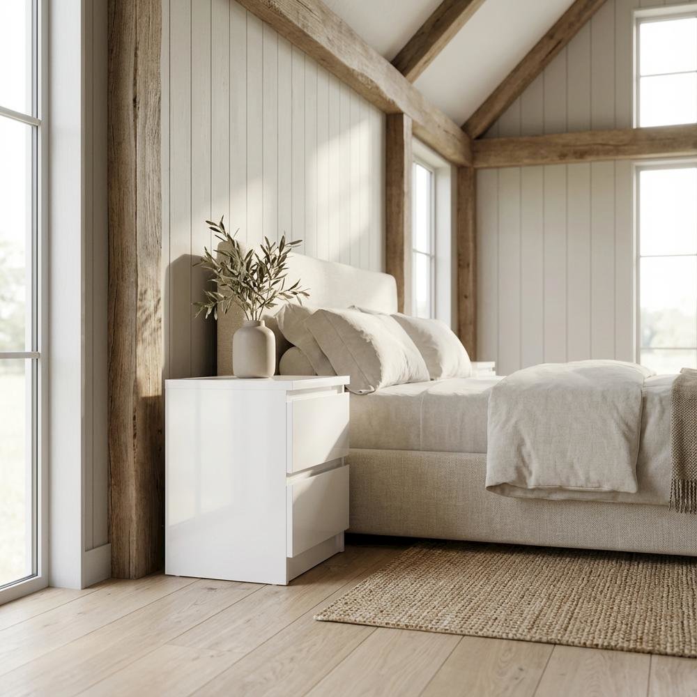 White High Gloss Nightstand with 2 Drawers and Timeless Design