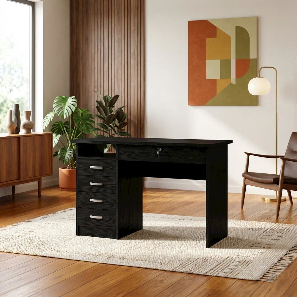 Black 5-Drawer Computer Desk with Storage for Home Office or Workspace