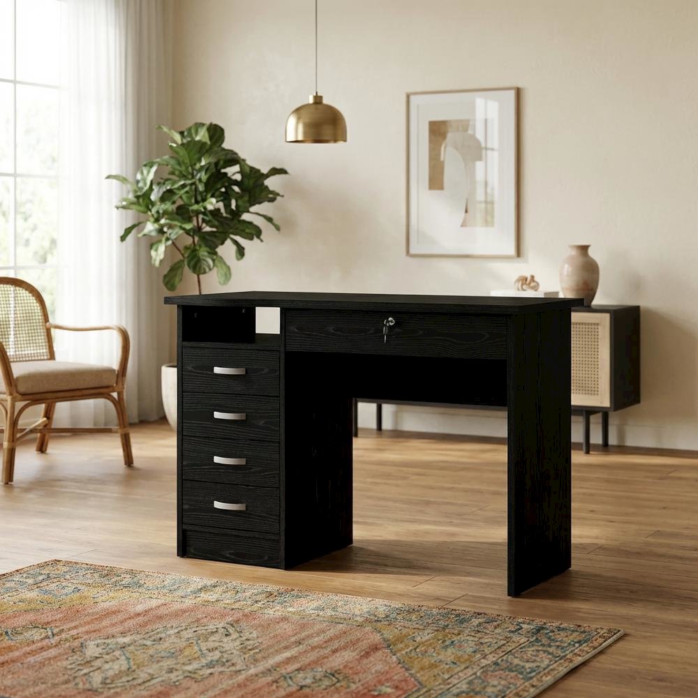 Black 5-Drawer Computer Desk with Storage for Home Office or Workspace