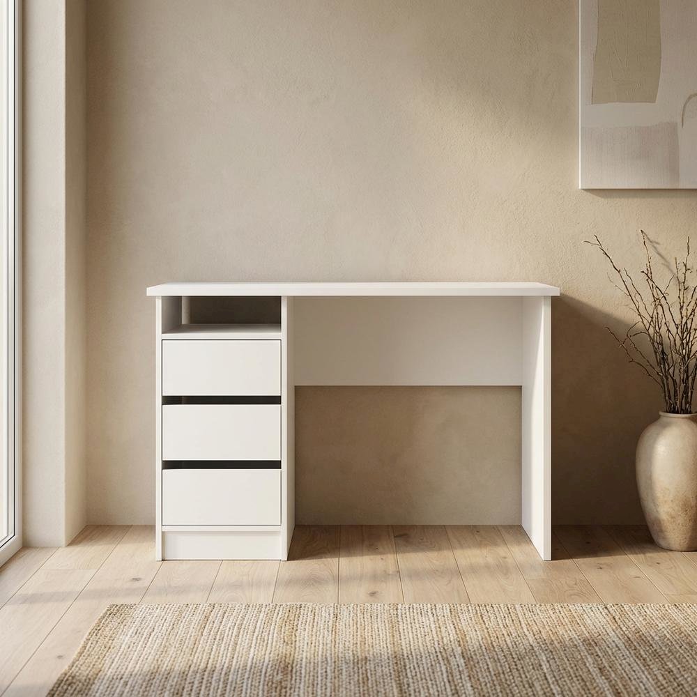 White Computer Desk with 3 Drawers and Open Shelf for Home Office