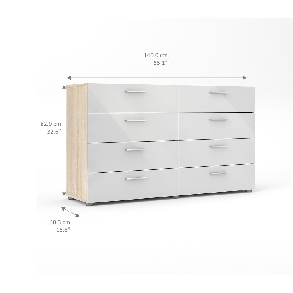 Austin 8 Drawer Double Dresser, Oak Structure/White High Gloss