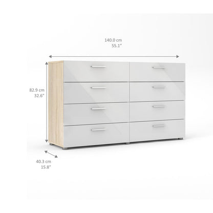 Austin 8 Drawer Double Dresser, Oak Structure/White High Gloss