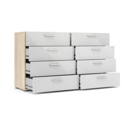 Austin 8 Drawer Double Dresser, Oak Structure/White High Gloss