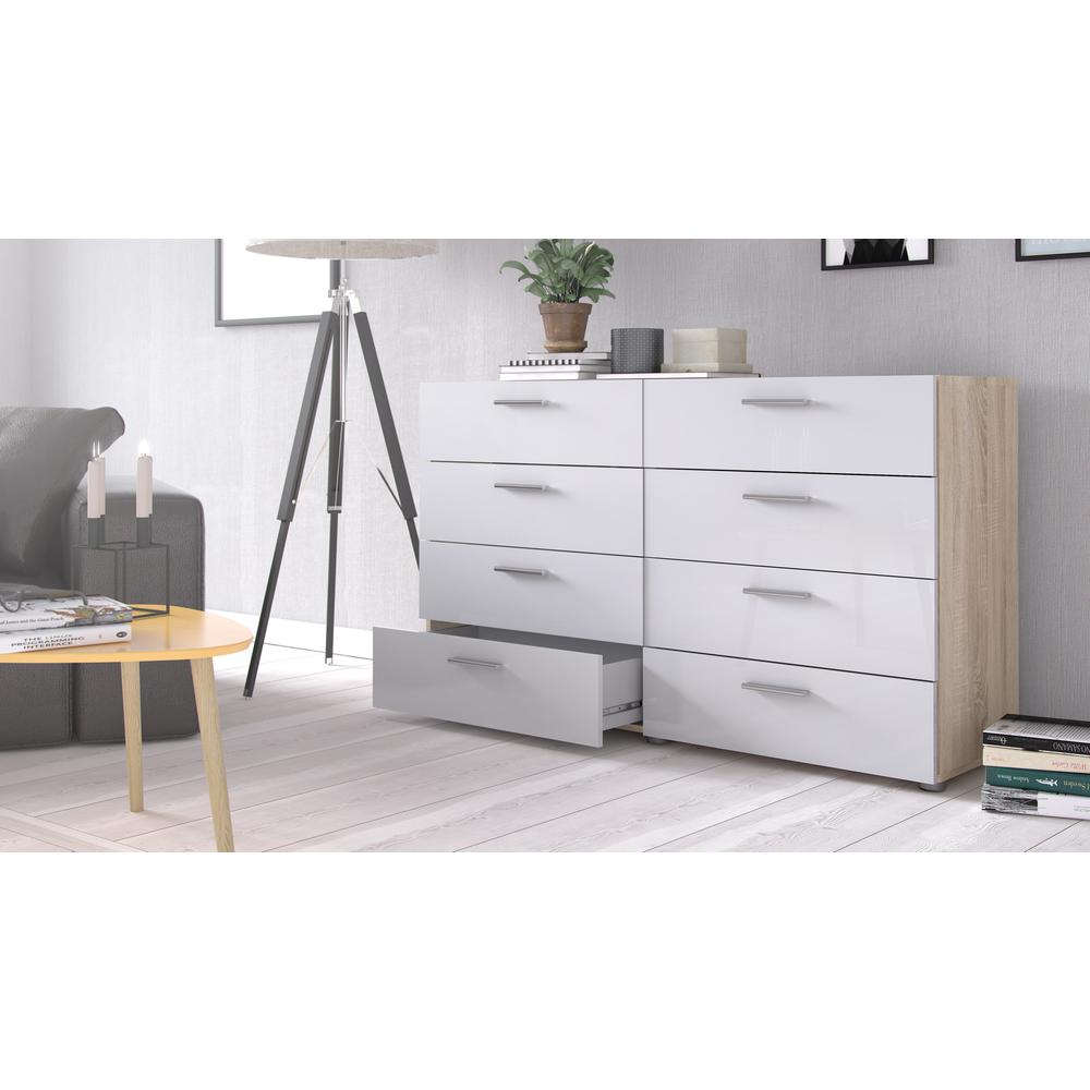 Austin 8 Drawer Double Dresser, Oak Structure/White High Gloss