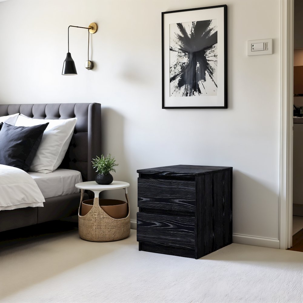 Black 2 Drawer Nightstand - Bedroom Bedside Drawer Storage Furniture