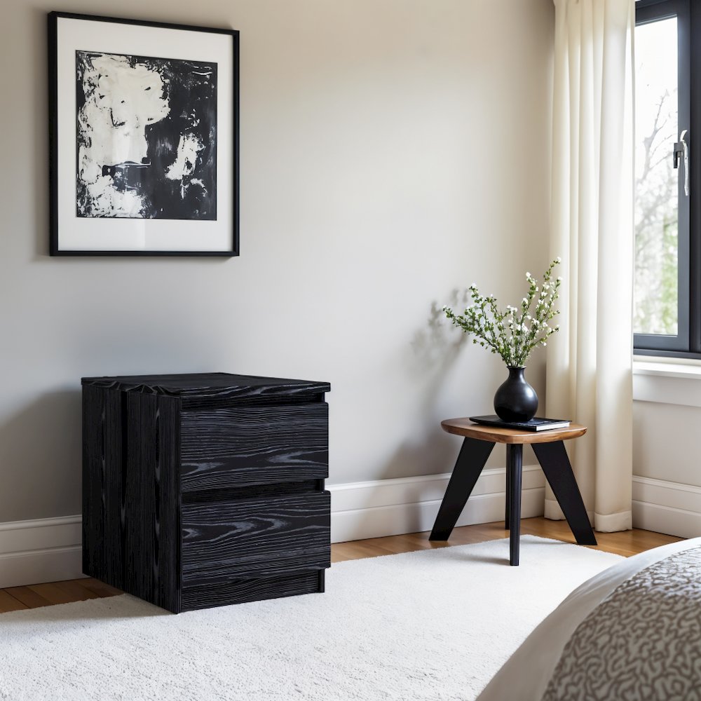 Black 2 Drawer Nightstand - Bedroom Bedside Drawer Storage Furniture