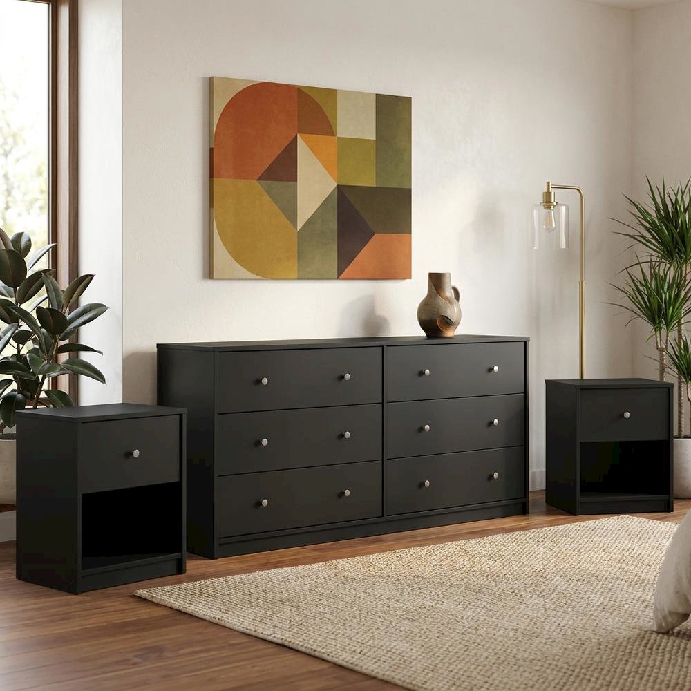 3-Piece Black Bedroom Set with Double Dresser and Nightstands