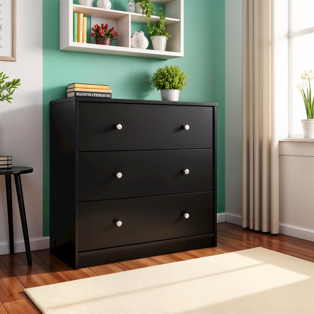 Black 3 Drawer Dresser - Compact Small Chest of Drawers for Bedrooms