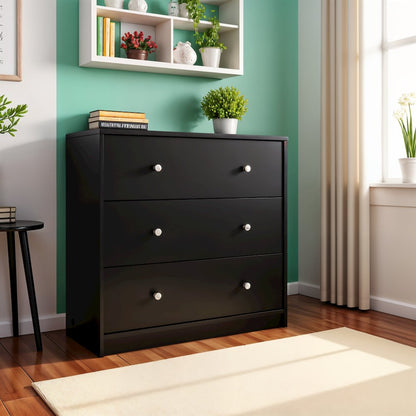 Black 3 Drawer Dresser - Compact Small Chest of Drawers for Bedrooms