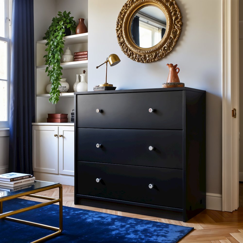 Black 3 Drawer Dresser - Compact Small Chest of Drawers for Bedrooms