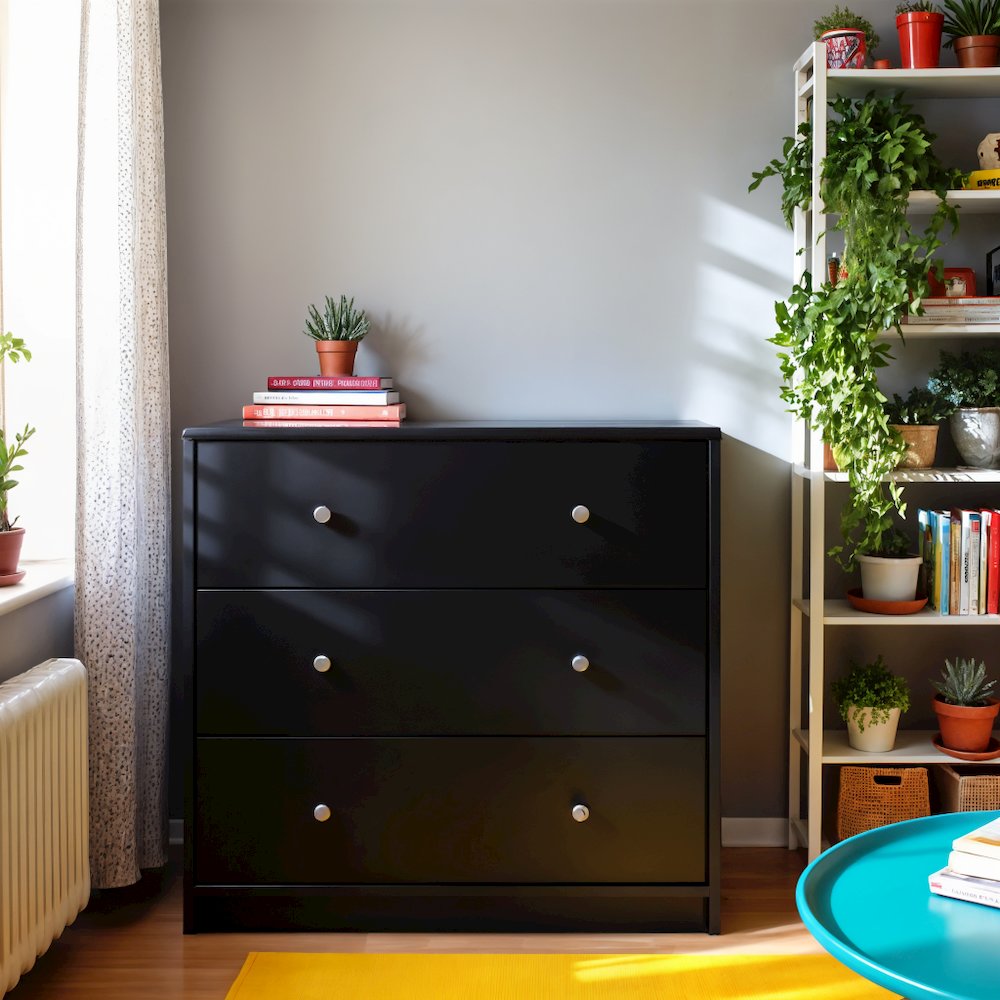 Black 3 Drawer Dresser - Compact Small Chest of Drawers for Bedrooms